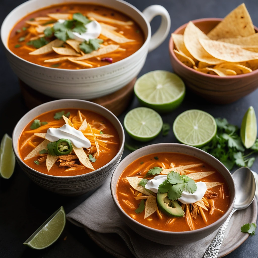 Steaming bowl of orange and red soup with shredded chicken and golden tortilla strips on top.