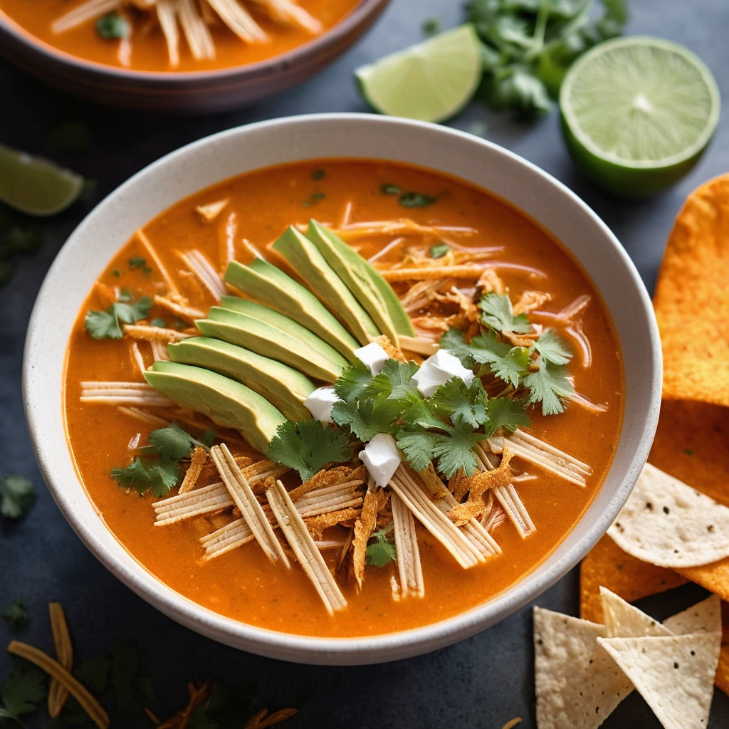 Bowl of vibrant orange soup with shredded chicken, topped with green cilantro and golden crispy tortilla strips.