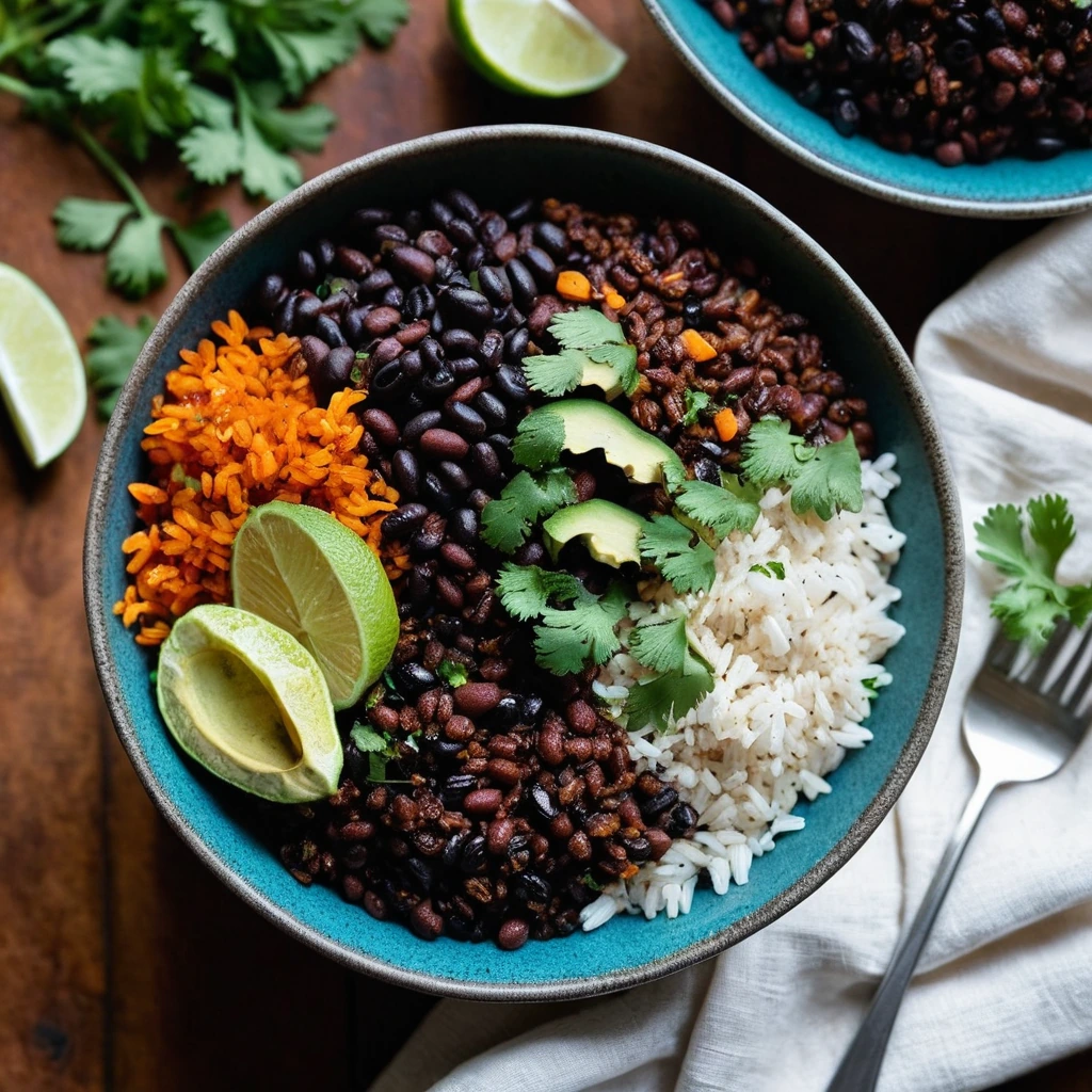 Colorful rice bowls with crumbled chorizo, black beans, and fresh cilantro on top