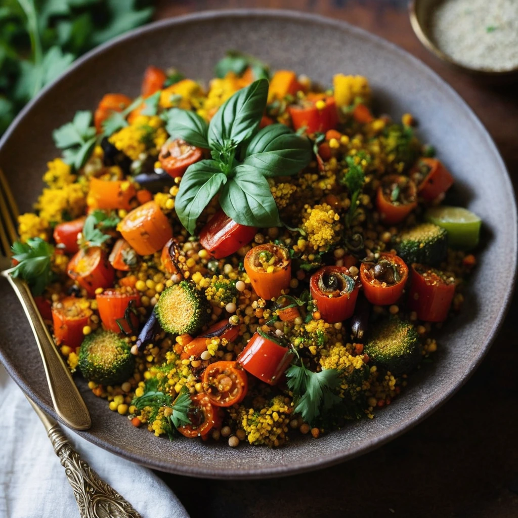 Colorful roasted vegetables and golden couscous served on a rustic plate with fresh herbs sprinkled on top.