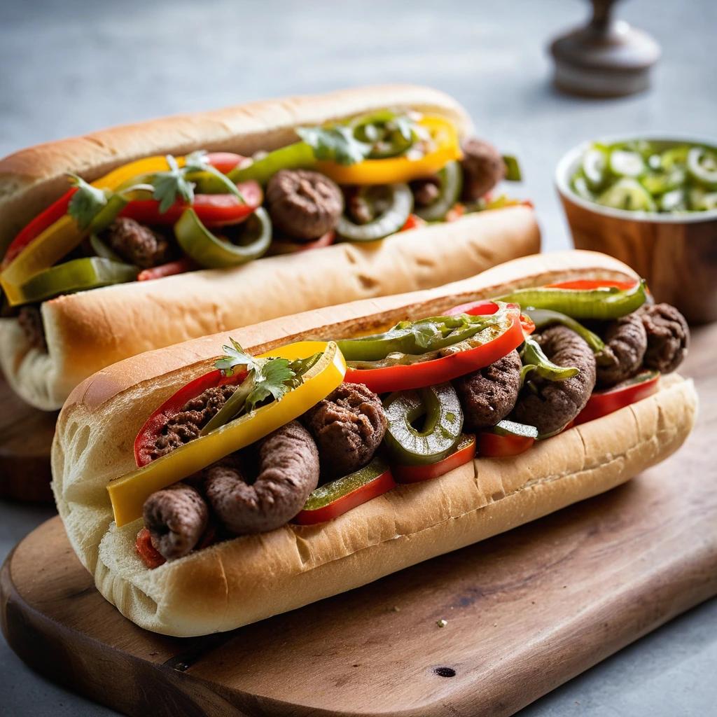 Two hoagie rolls sliced open and filled with spicy sausage, peppers, onions, and melted cheese on a rustic wooden board.