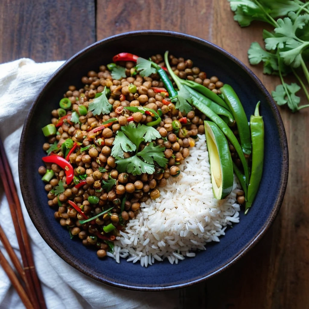 A plated serving of Spicy Lentil Stir Fry