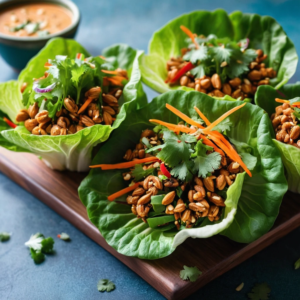 Colorful lettuce cups filled with chicken and vegetables drizzled with spicy peanut sauce