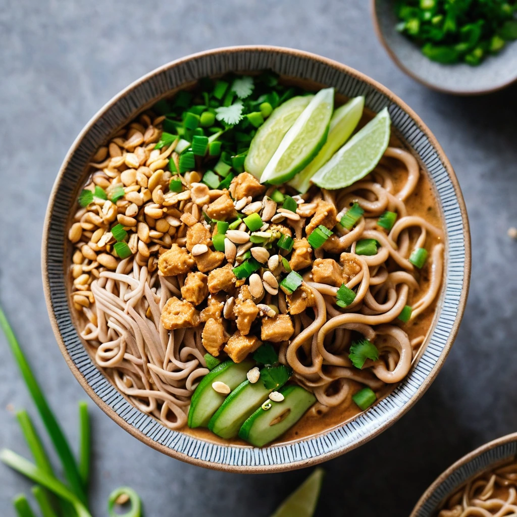 Bowl of noodles topped with chicken slices in a rich peanut sauce, garnished with crushed peanuts and green onions