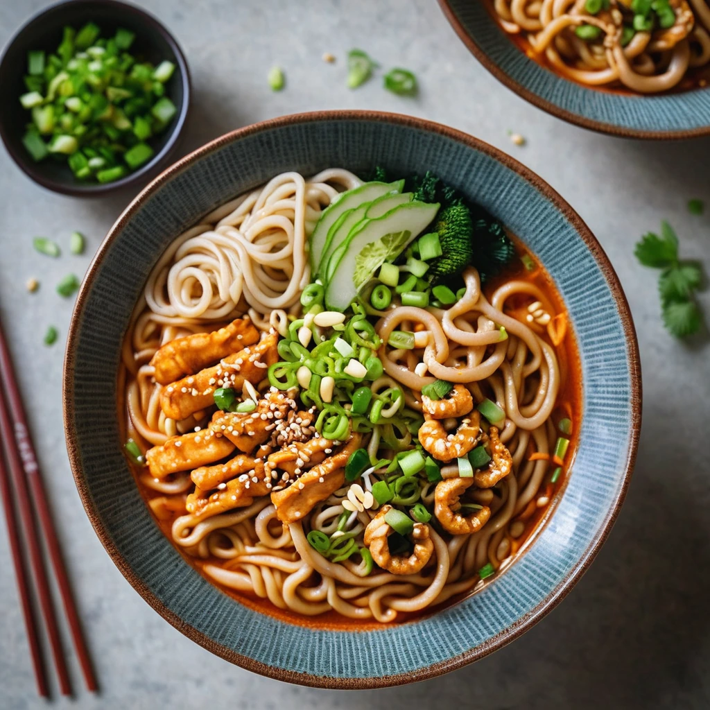 Bowl of yellow udon noodles topped with sliced chicken in a vibrant orange sauce, garnished with chopped scallions and sesame seeds.