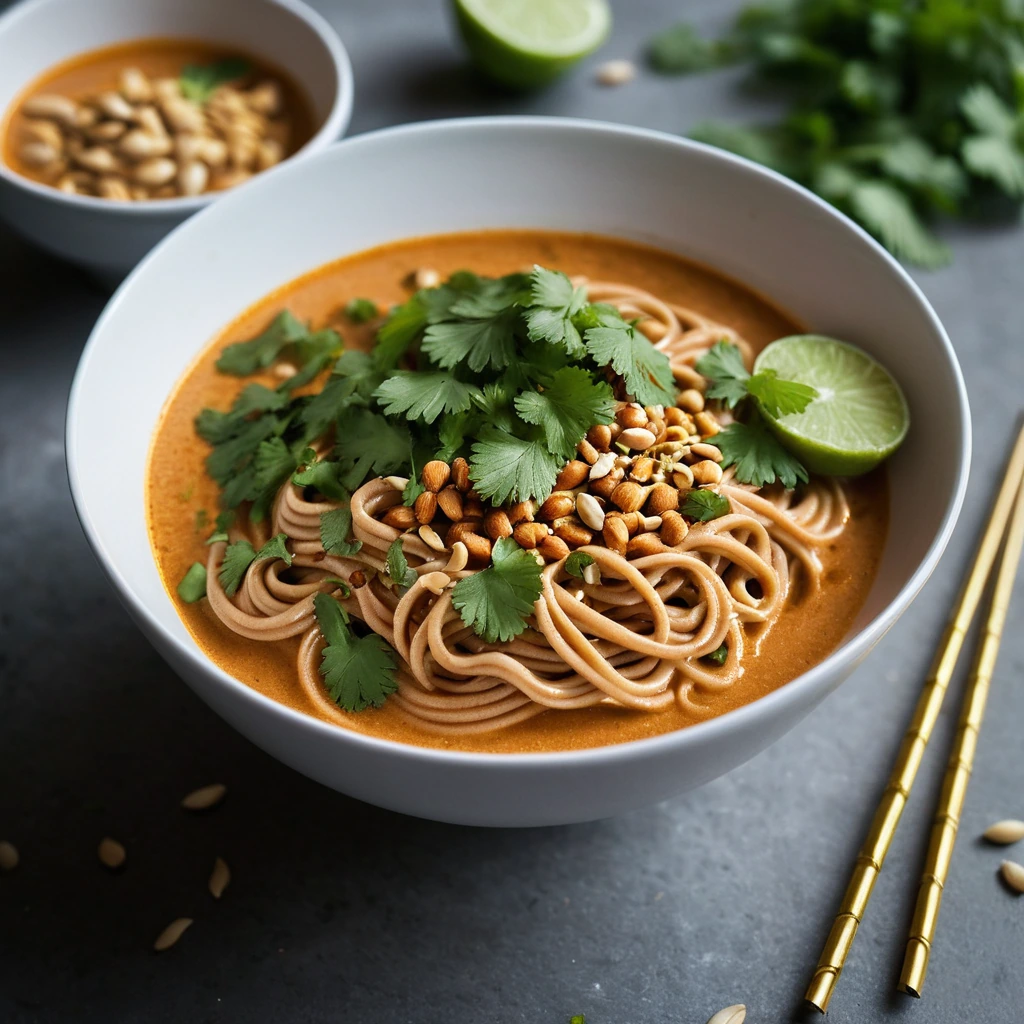 Glowing orange sauce drizzled over golden noodles, sprinkled with crushed peanuts and fresh cilantro.