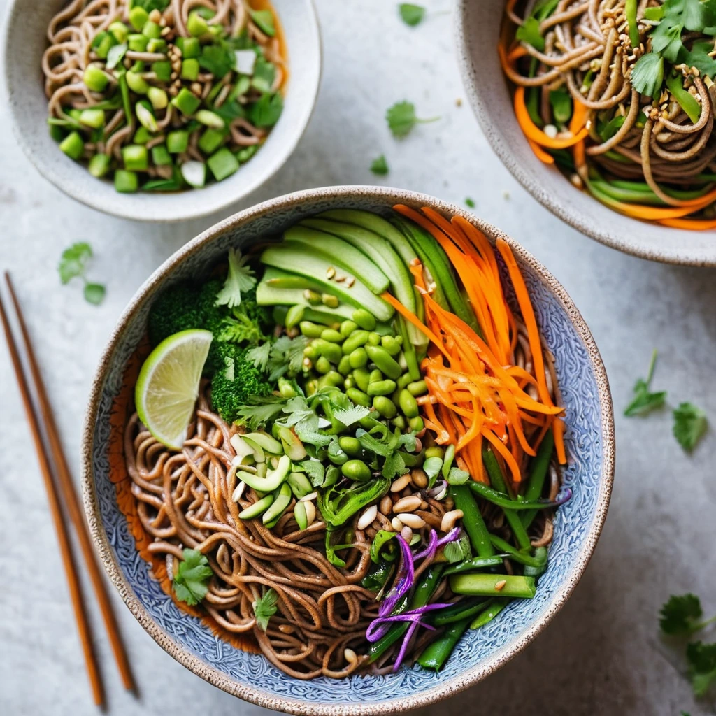 Colorful soba noodles in a vibrant orange sauce with green veggies in a white bowl