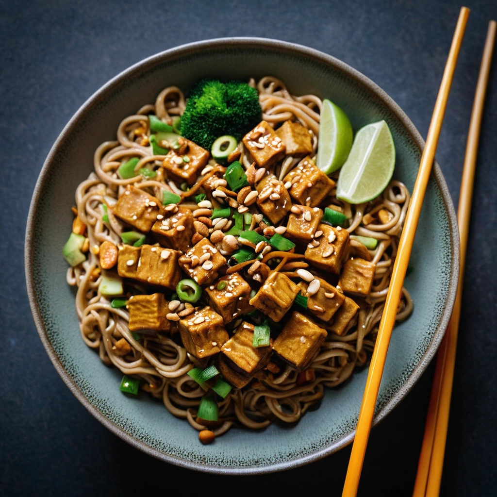 Bowl of stir-fried noodles with tofu and peanuts, vibrant with green scallions and a glossy orange-brown sauce.