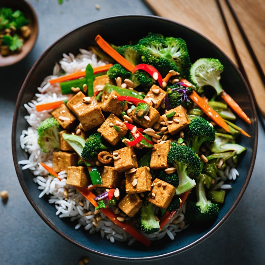 Colorful stir fry in a bowl with crispy tofu, vegetables, and a glossy peanut sauce.