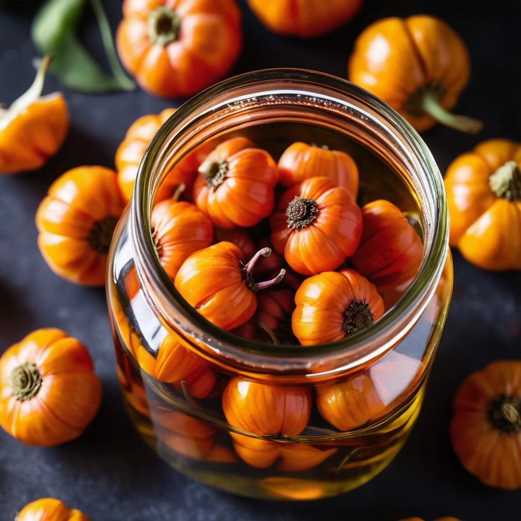 Small jar filled with vibrant red-orange pickled garlic cloves in a glossy brine.