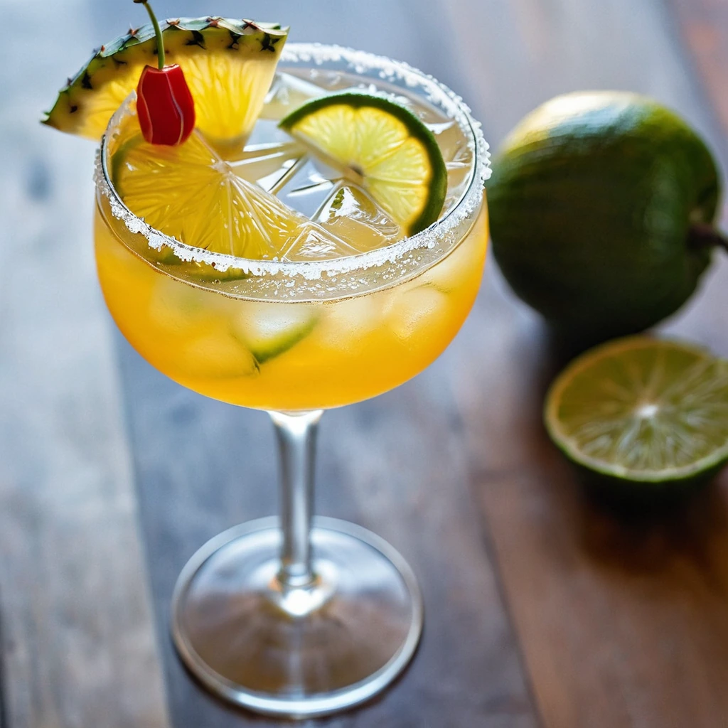 Clear glass filled with a vibrant yellow-orange cocktail, garnished with a pineapple wedge and a red jalapeño slice.
