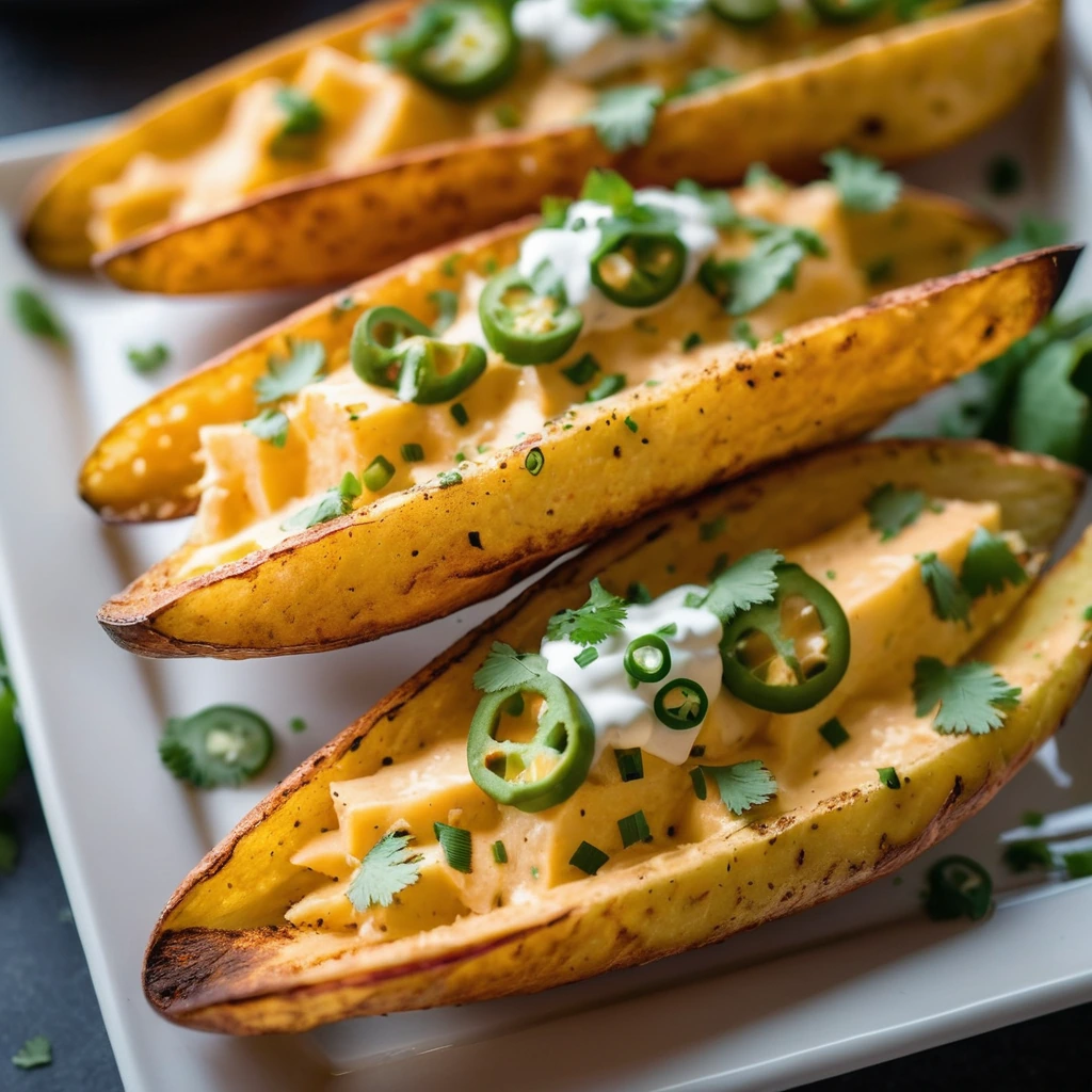 Crispy golden potato wedges drenched in orange-hued spicy queso, sprinkled with green cilantro and sliced jalapeños on a white plate.