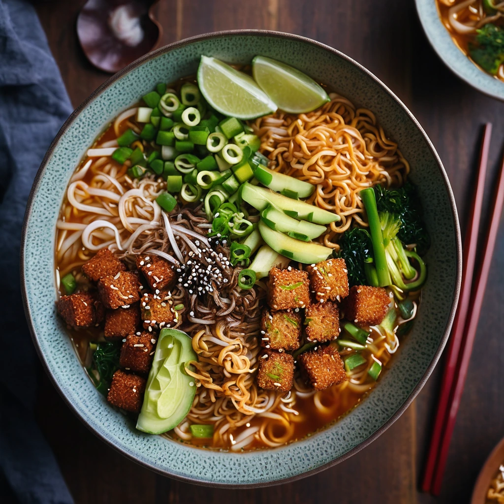 Steaming bowl of ramen noodles with crispy golden Spam pieces and vibrant vegetables in a spicy broth.