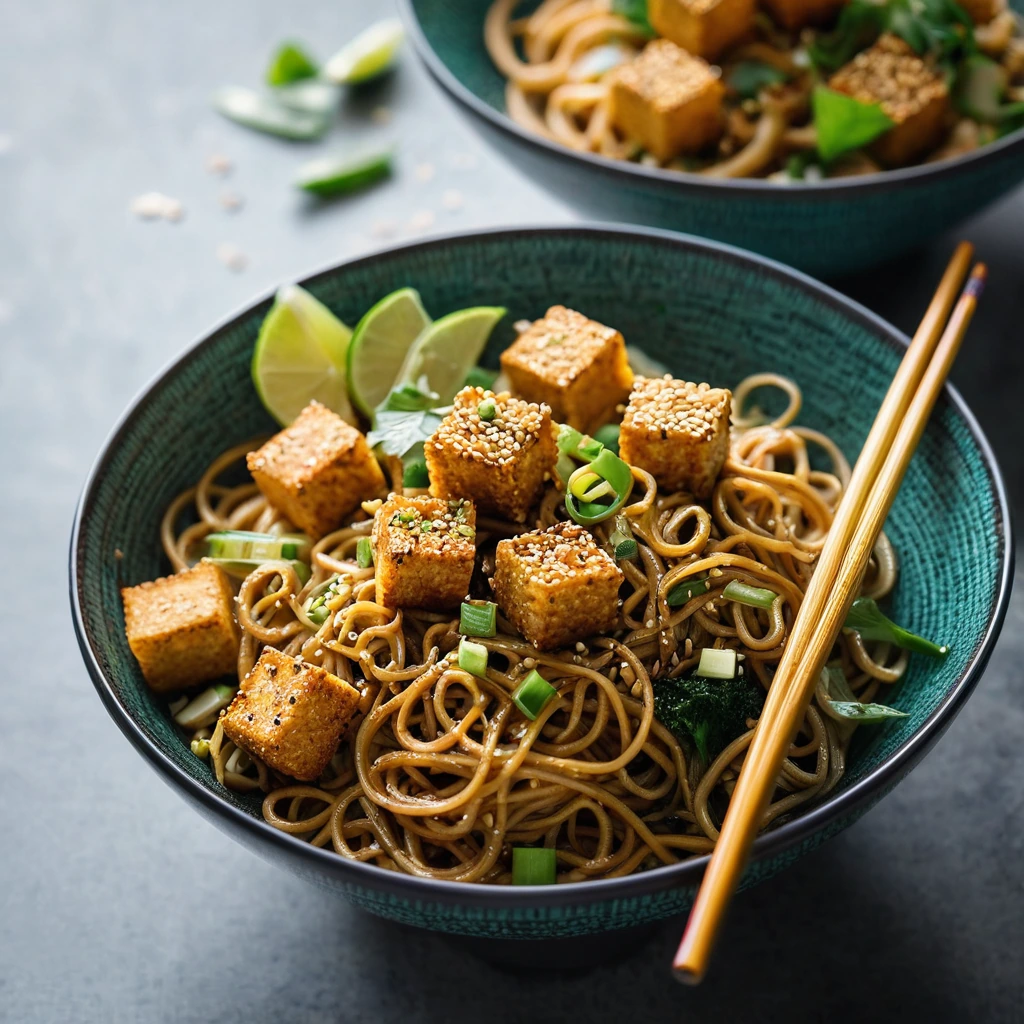 Bowl of vibrant orange noodles with crispy tofu cubes, sprinkled with green scallions and sesame seeds.