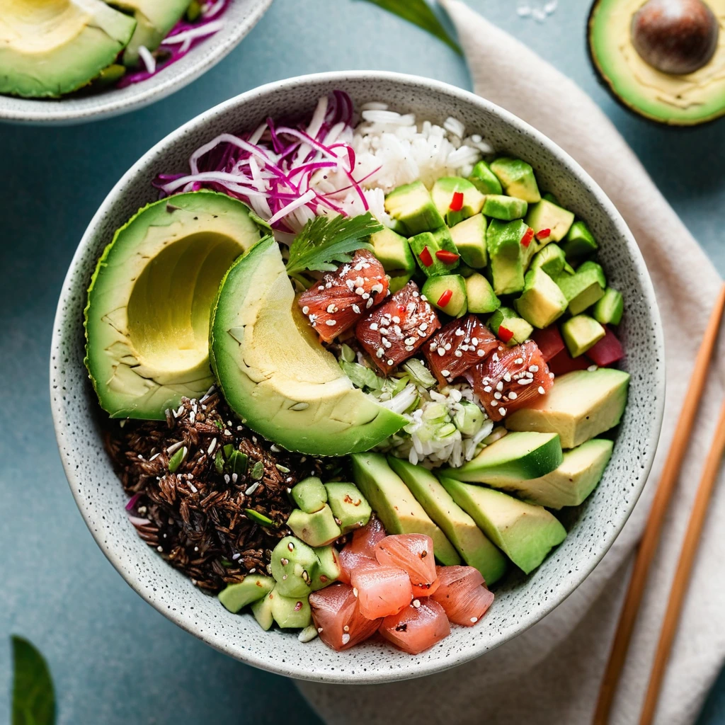 Vibrant poke bowls with sushi rice, spicy tuna cubes, sliced avocado, and a sprinkle of sesame seeds.
