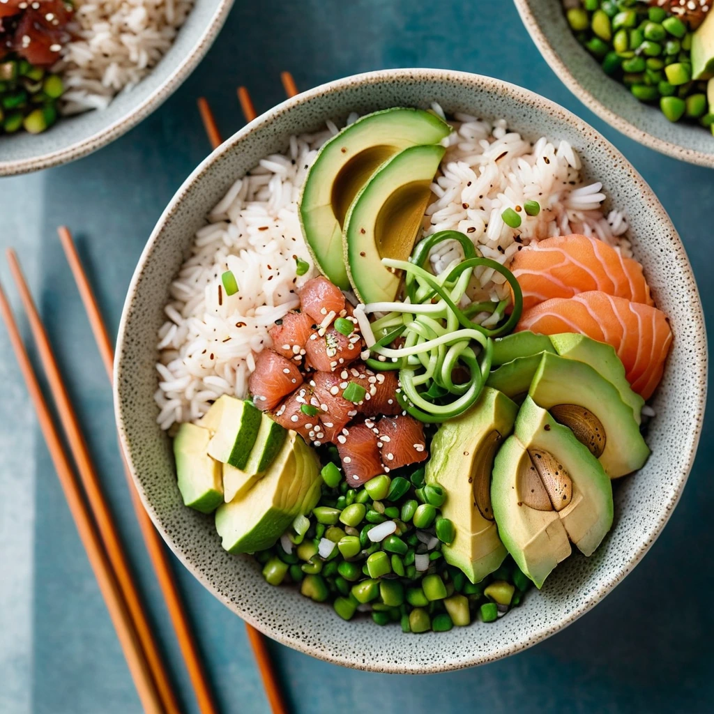 Vibrant bowl of sushi rice topped with spicy tuna, avocado slices, sesame seeds, and green onions.