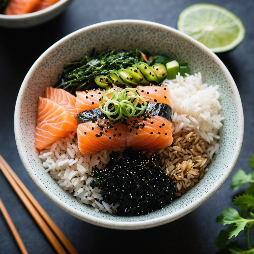 Baked rice bowls with a golden-brown, spicy tuna topping, garnished with green nori strips and black sesame seeds.