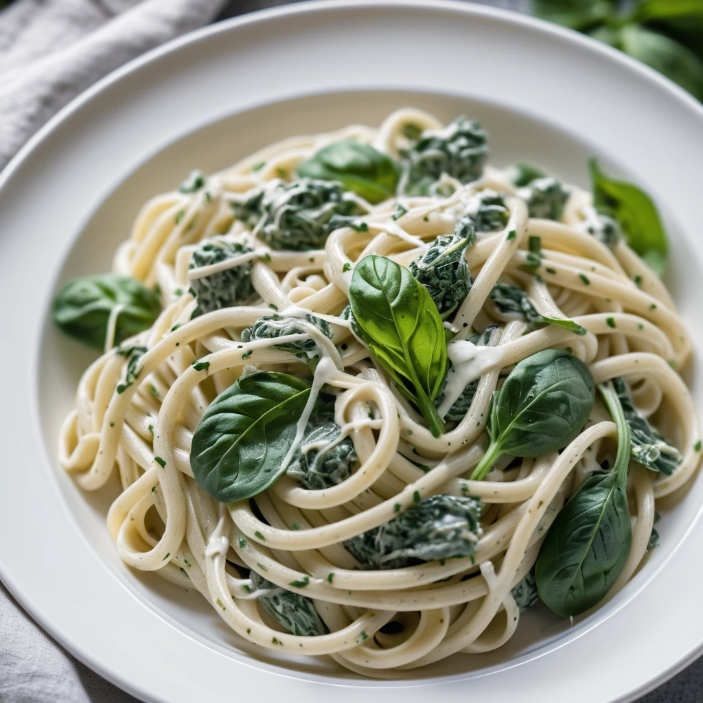 Golden spaghetti twirled on a white plate, drenched in creamy white sauce, flecked with green spinach and artichoke hearts.