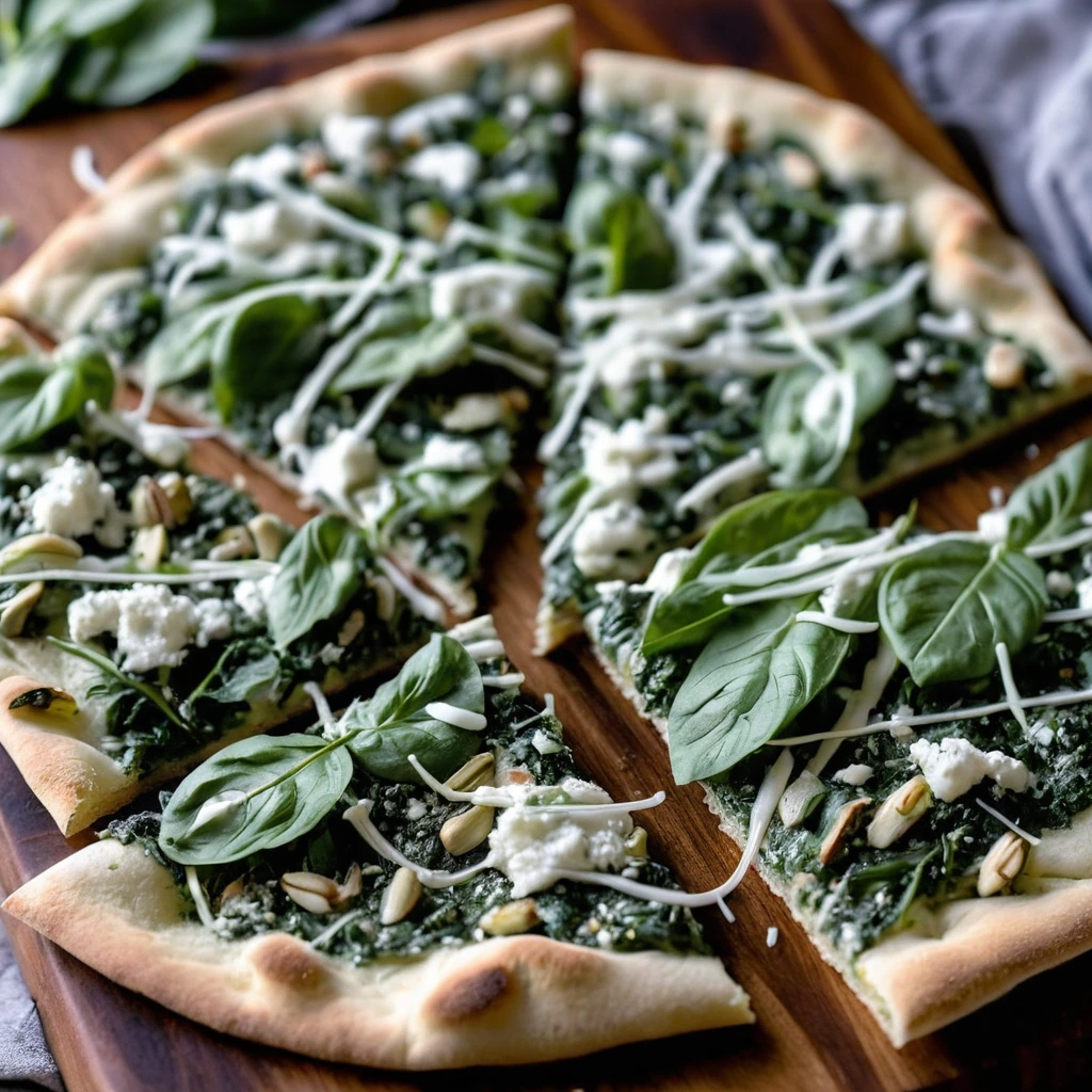 Golden flatbread topped with a creamy spinach and artichoke mixture, melted mozzarella, and a sprinkle of parmesan.