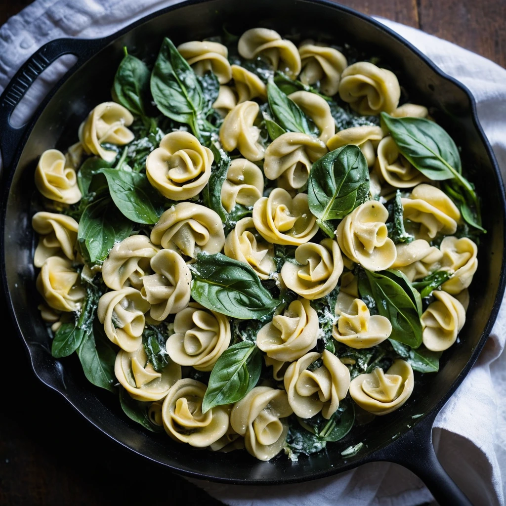 Golden skillet filled with tortellini, spinach, artichoke hearts, and melted cheese.