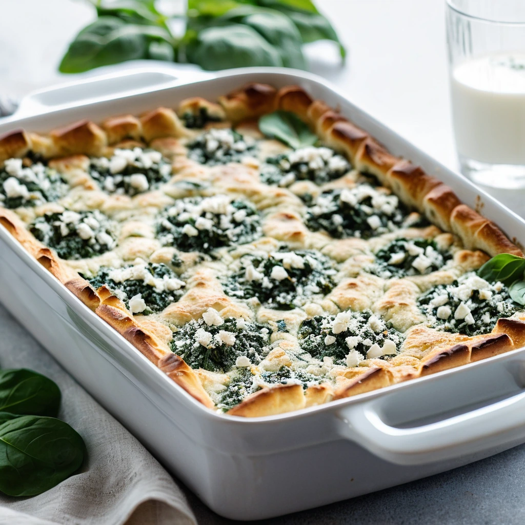 Golden bubbly casserole with a sprinkle of feta and vibrant spinach in a rectangular baking dish.