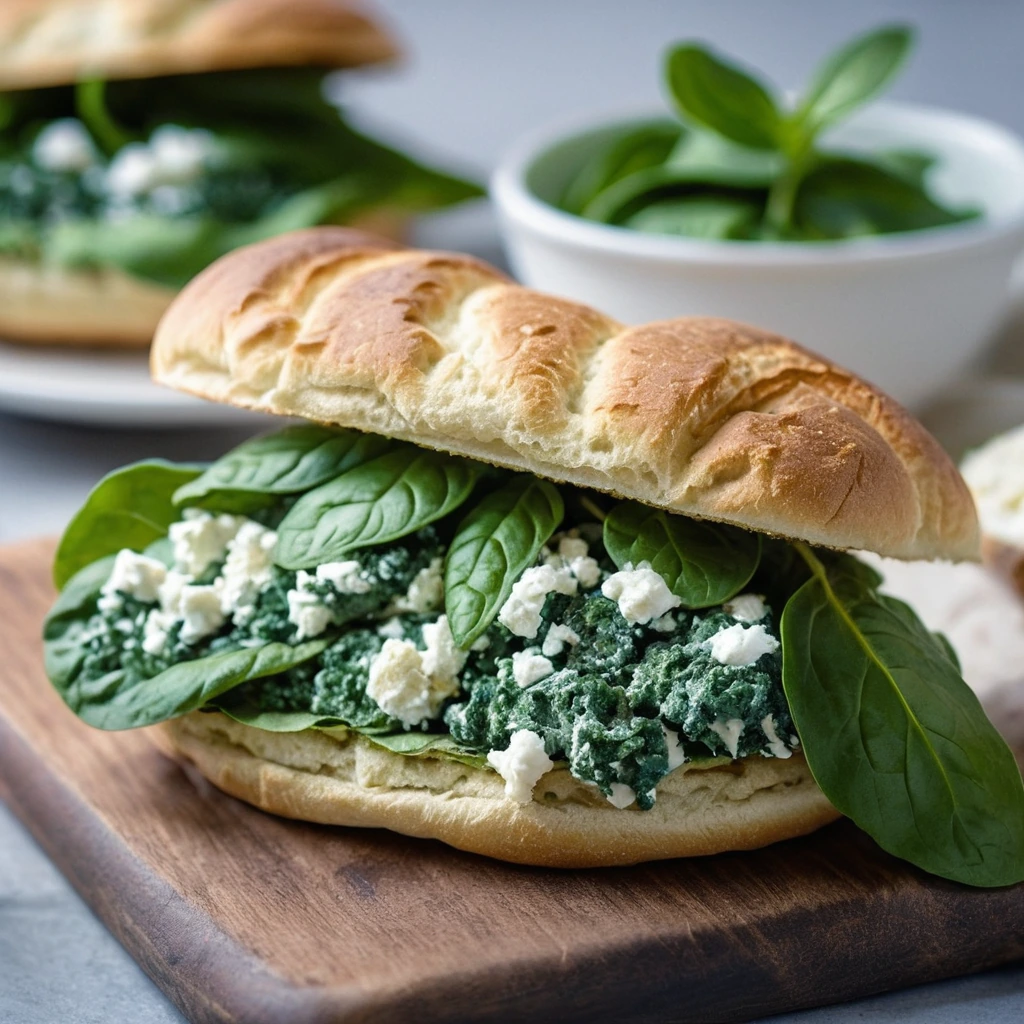 Golden croissants filled with a vibrant green spinach and white feta cheese scramble.