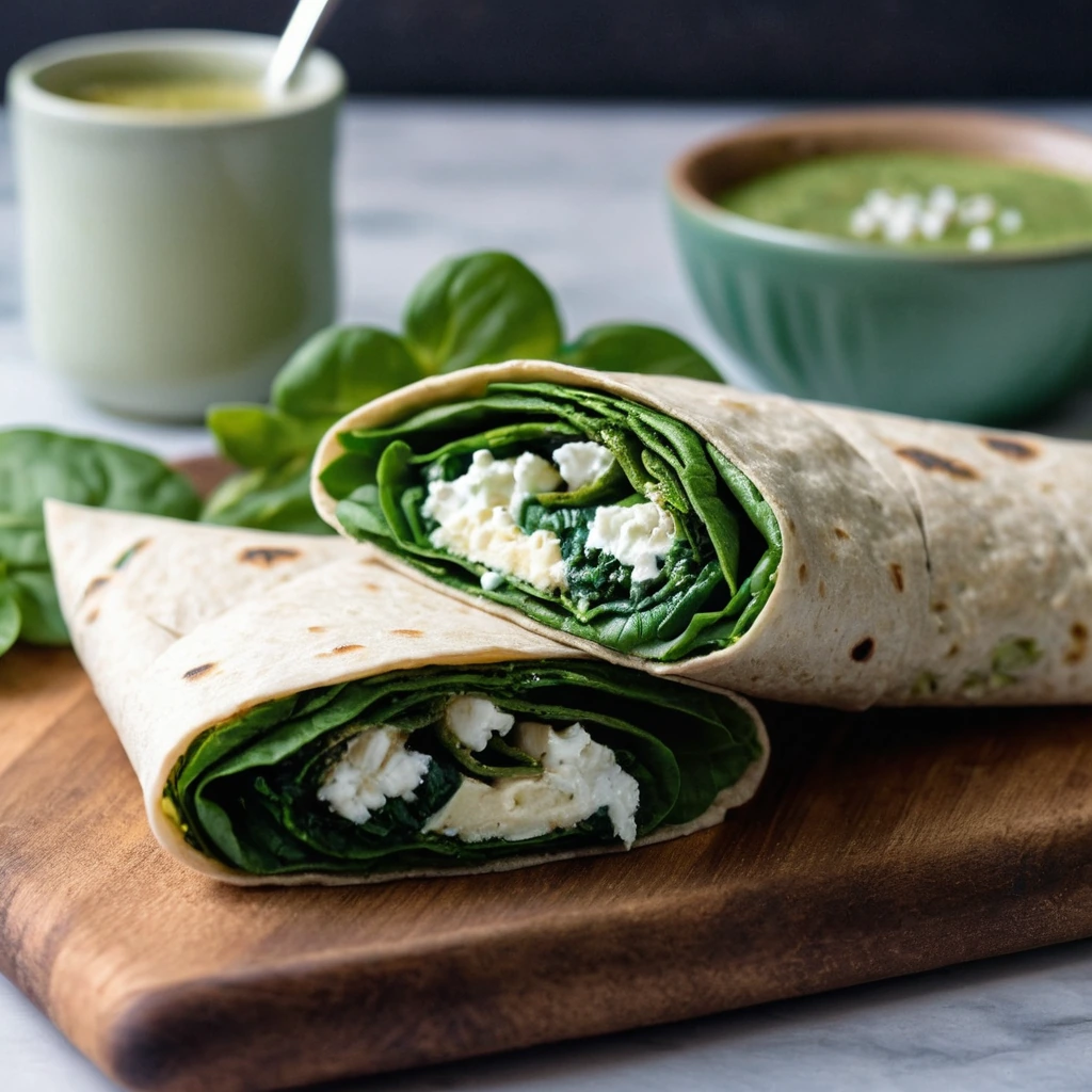 Golden brown wraps filled with vibrant spinach and white feta cheese, served on a rustic wooden board.