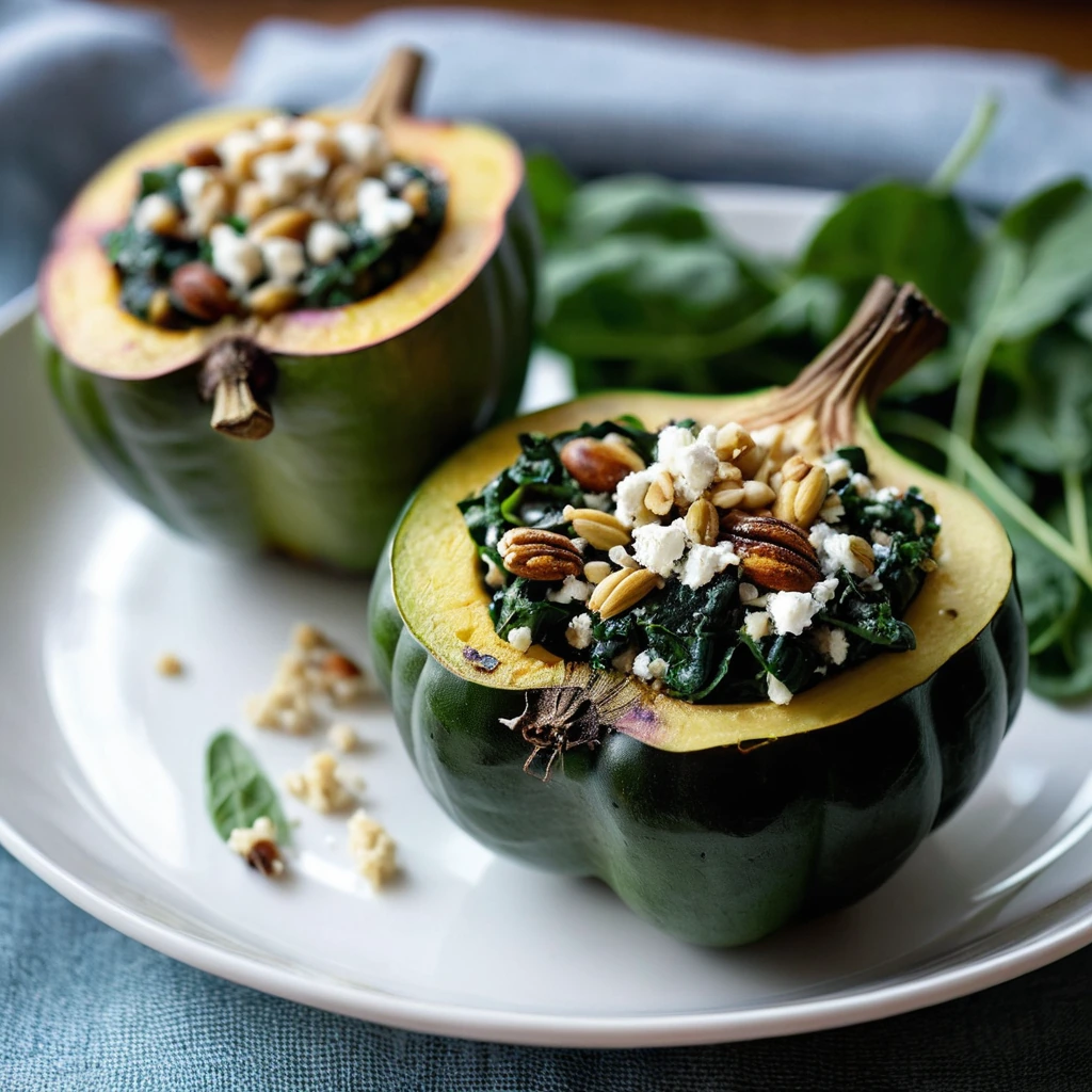 Two halves of roasted acorn squash filled with a mixture of spinach and feta cheese, with a golden-brown exterior and green flecks of spinach visible.