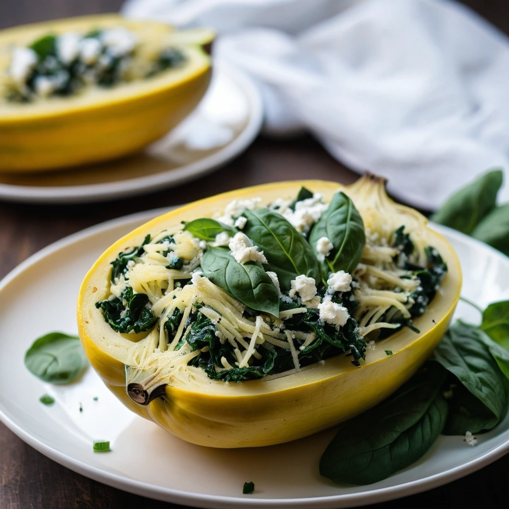Halved spaghetti squash roasted golden, filled with vibrant green spinach and creamy white feta crumbles.