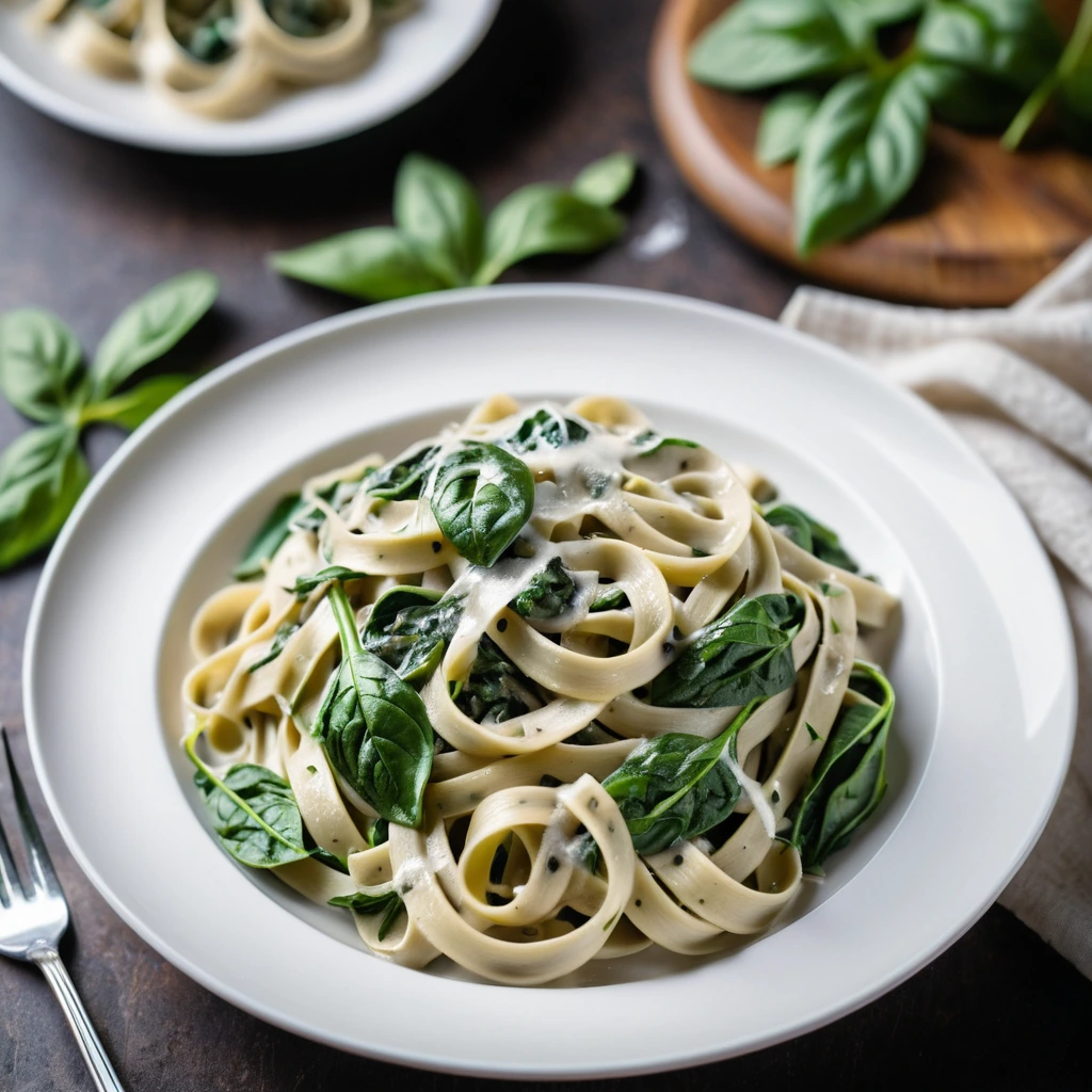 Golden fettuccine twirled on a white plate, smothered in creamy white sauce with green spinach leaves and brown mushroom slices.
