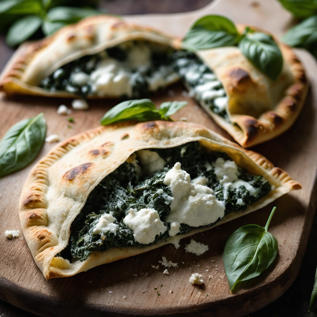 Four golden-brown pizza pockets with a sprinkle of Parmesan cheese and fresh basil leaves on top, arranged on a rustic wooden board.