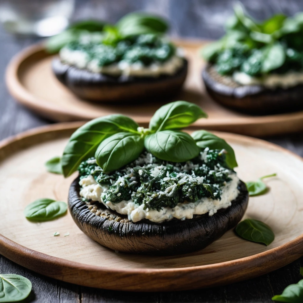 Golden brown portobello caps overflowing with vibrant green spinach and creamy ricotta served on a rustic wooden board.