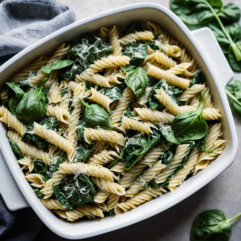 Golden bubbly pasta bake in a casserole dish with green spinach and artichoke hearts peeking through.