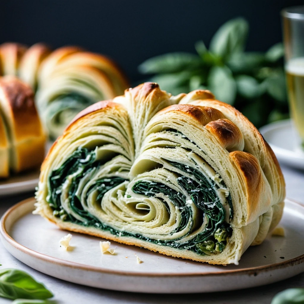 Golden pull-apart bread ring with melted cheese, flecked with green spinach and artichoke hearts.