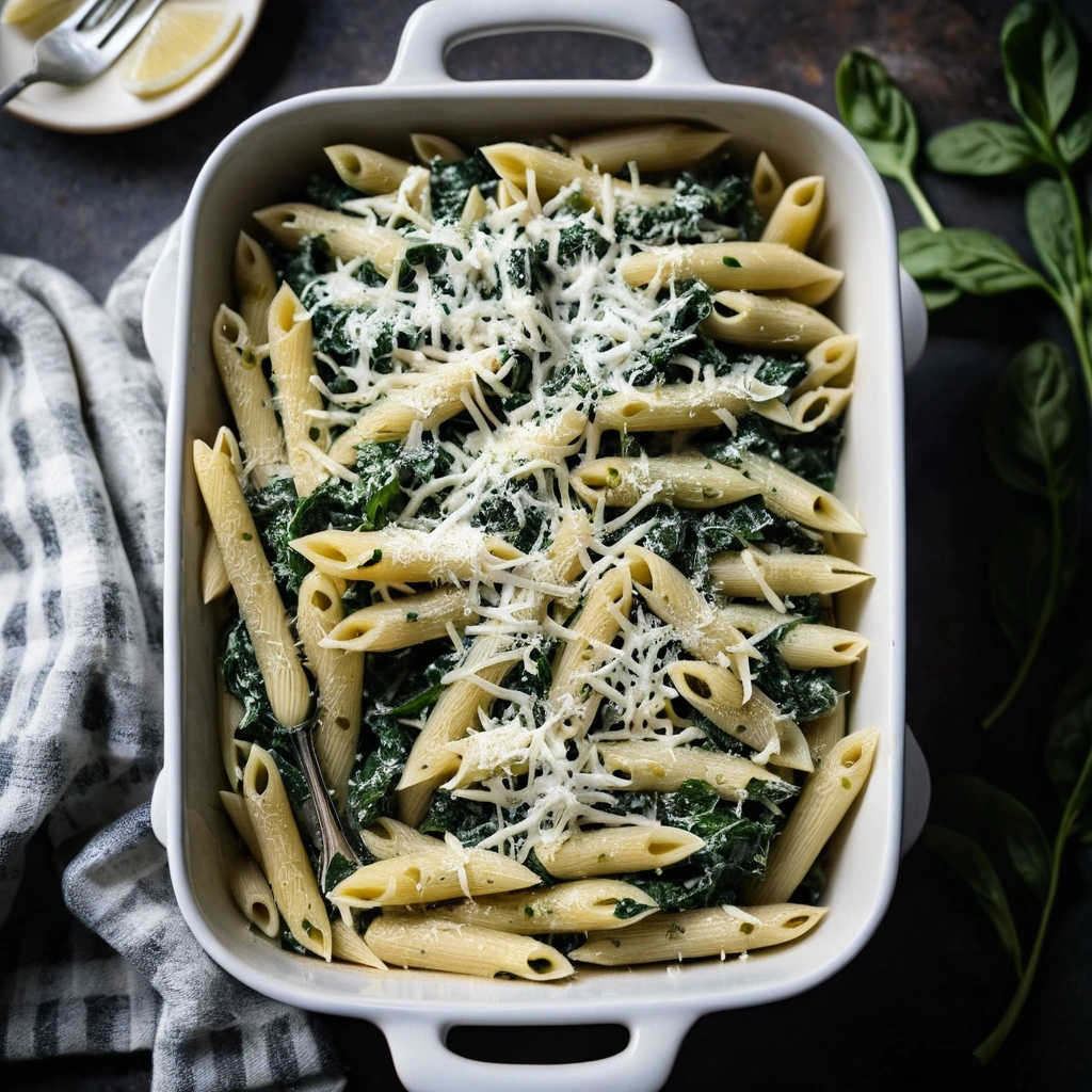 Golden bubbly pasta bake in a casserole dish topped with melted cheese and flecks of green spinach.