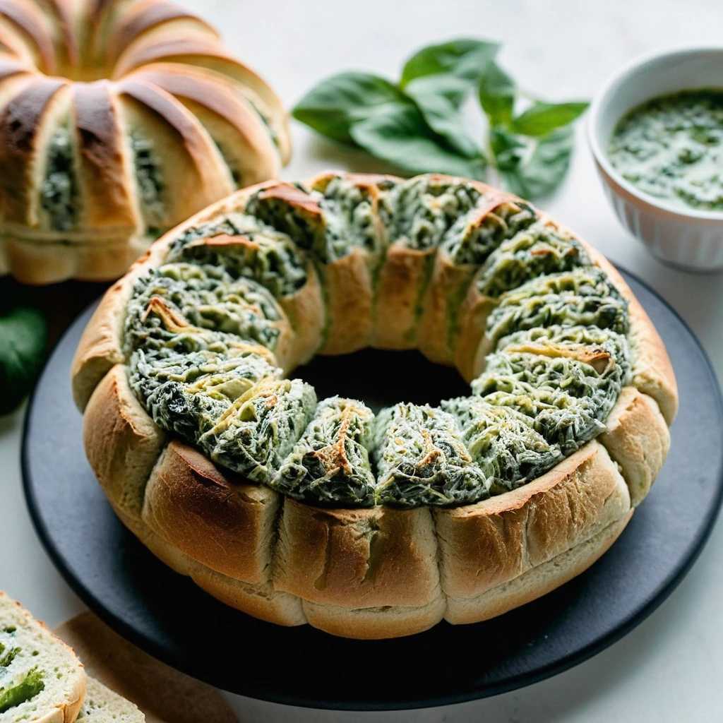 A round loaf of bread cut into a ring and stuffed with a green and white dip, melted cheese visible on top.