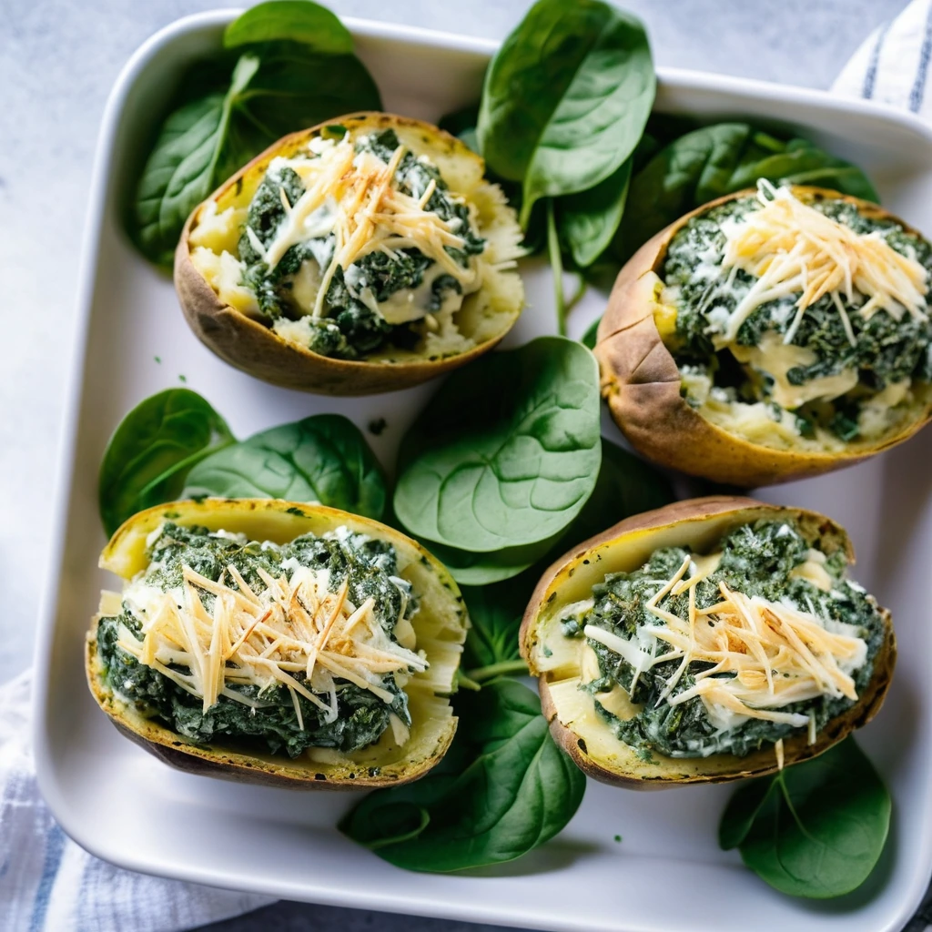 Four golden baked potatoes split open, overflowing with a vibrant green and white creamy spinach artichoke filling, sprinkled with melted cheese.