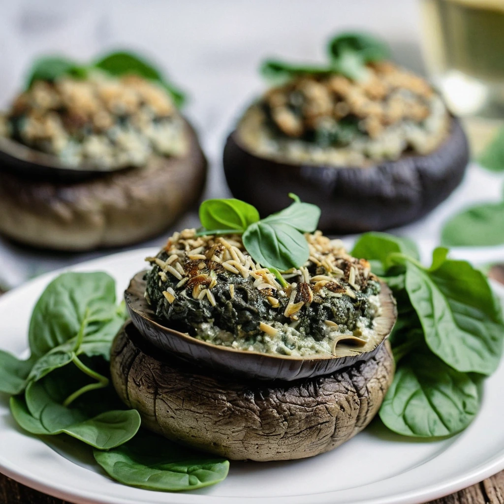 Golden brown portobello mushrooms stuffed with creamy spinach and artichoke mixture on a rustic wooden board