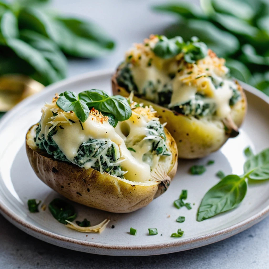 Four golden baked potatoes split open revealing a vibrant green and creamy spinach artichoke filling topped with melted cheese and a sprinkle of paprika.