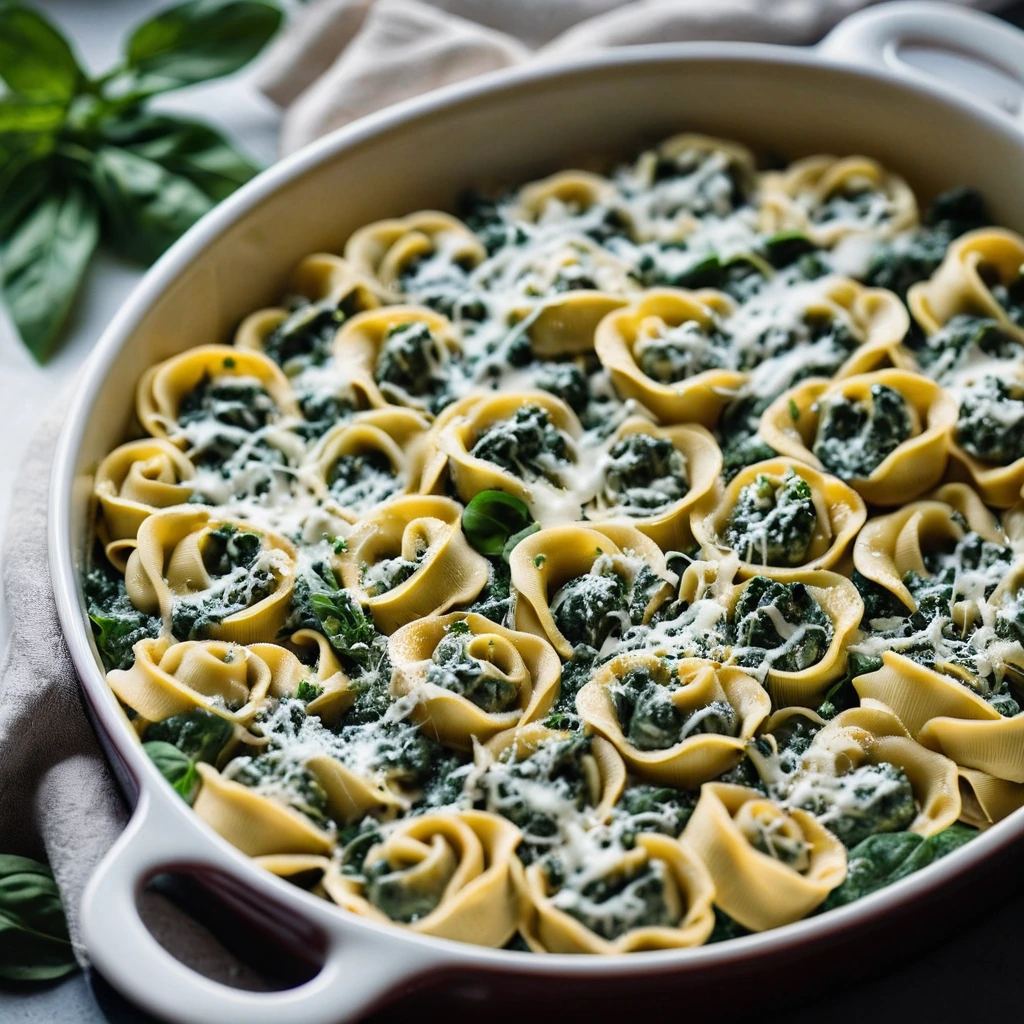 golden bubbly casserole in a baking dish with melted cheese on top, surrounded by spinach and tortellini.