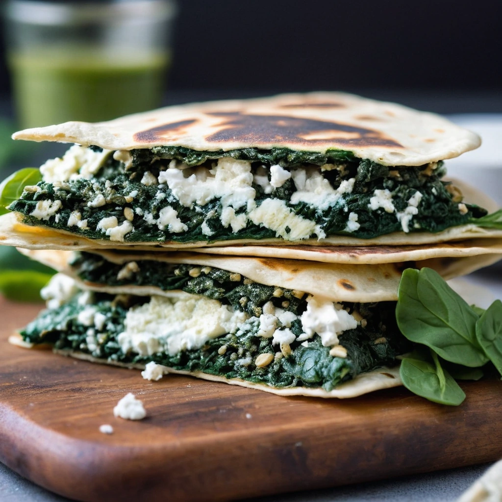 Stacked golden quesadillas oozing with melted feta and vibrant spinach on a rustic wooden board.