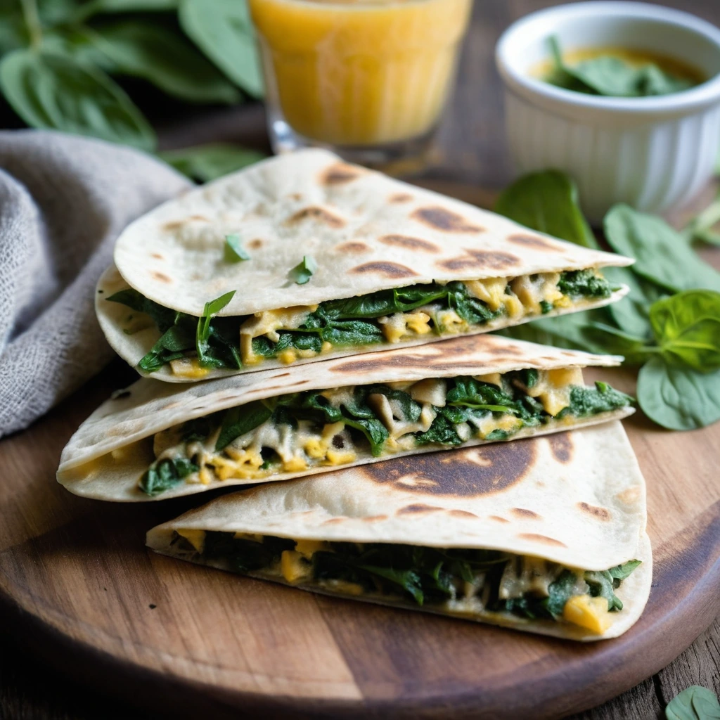 Two golden quesadillas cut into wedges on a rustic wooden board, sprinkled with fresh cilantro.