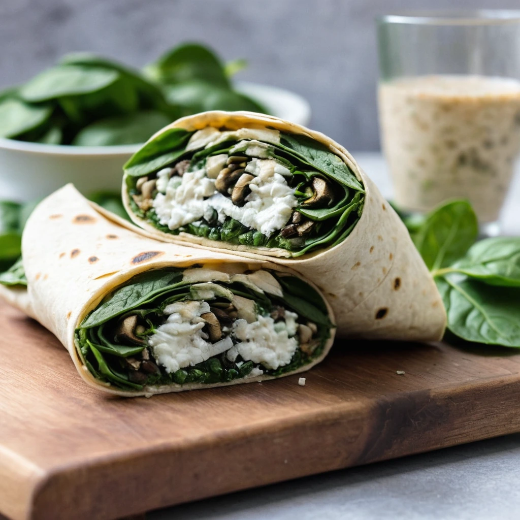 Golden breakfast wraps filled with sautéed spinach, mushrooms, and feta, served on a wooden board.