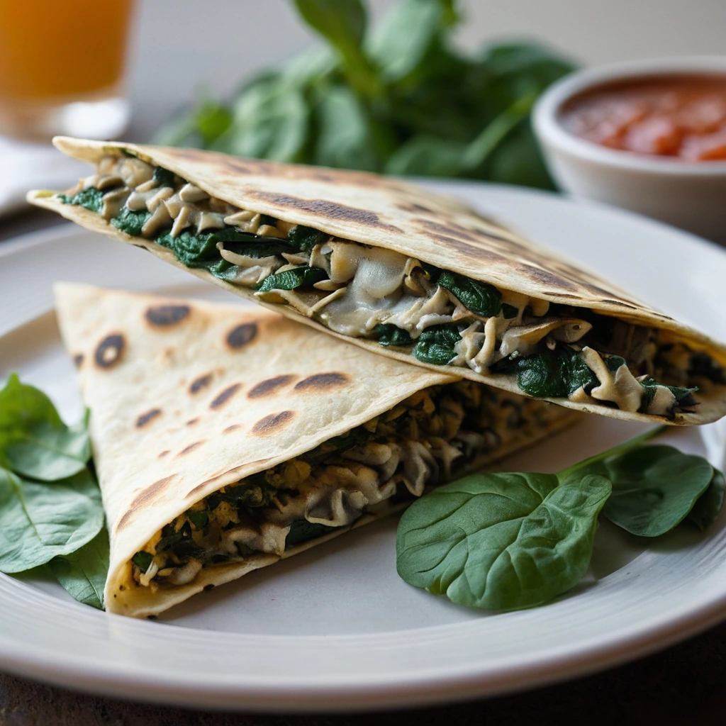 Two folded golden quesadillas on a plate, sprinkled with fresh cilantro and a side of salsa.