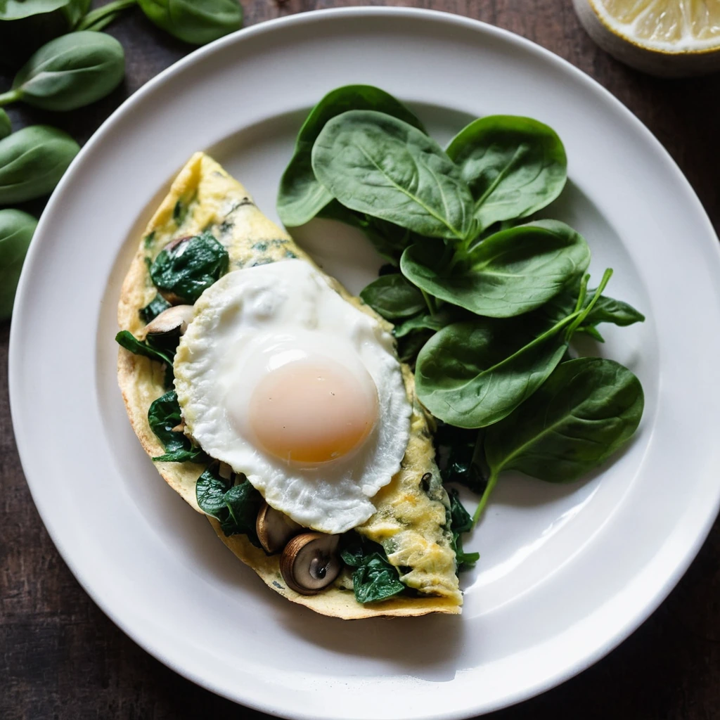 A plated serving of Spinach Mushroom Omelette