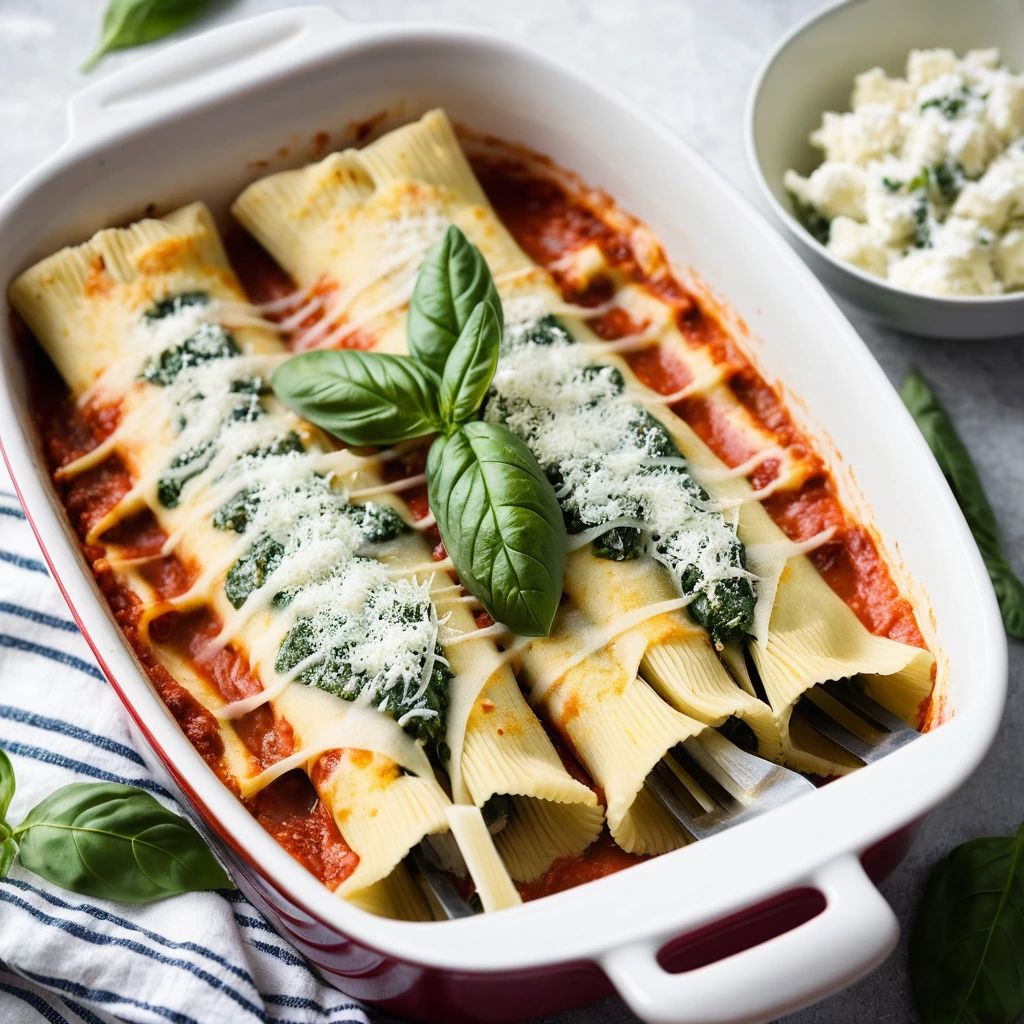 Baked manicotti shells in a golden marinara sauce, topped with melted mozzarella and fresh basil.