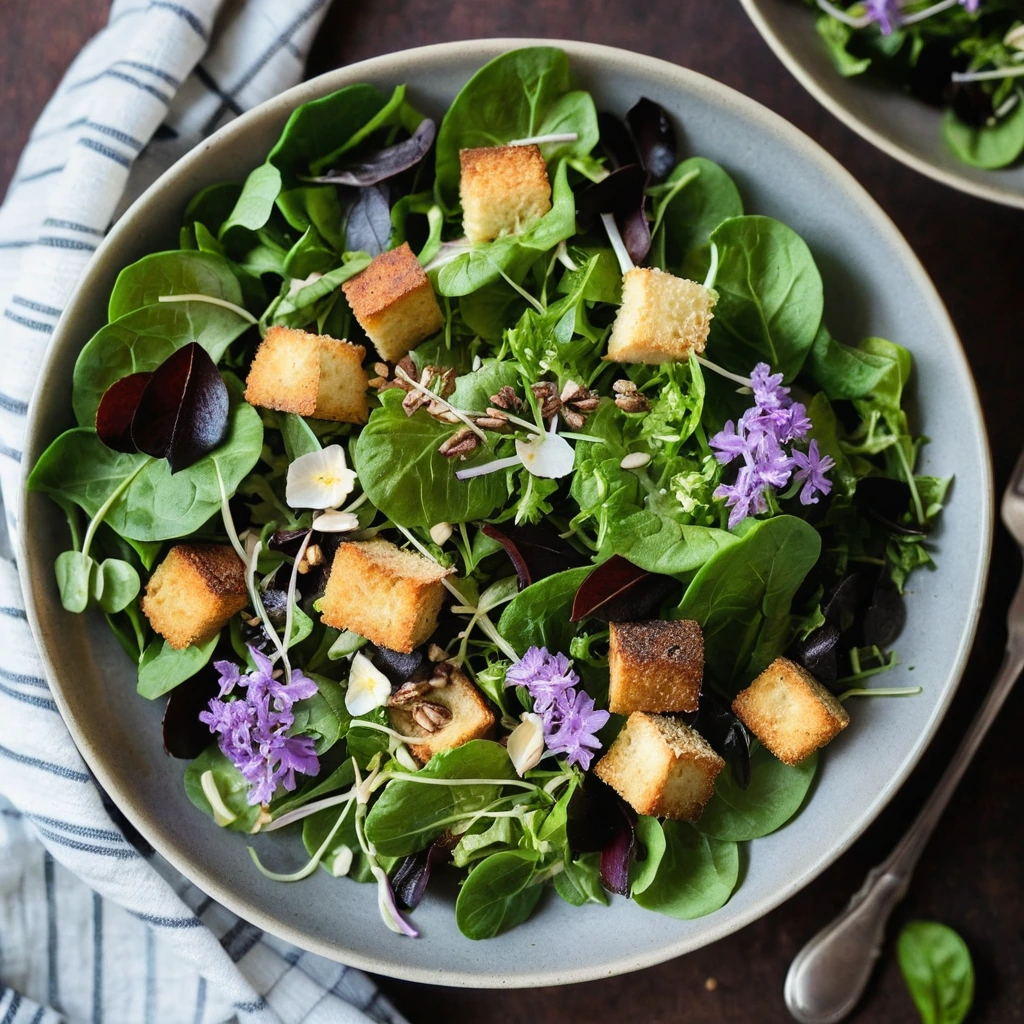 Colorful spring greens in a bowl topped with golden brown croutons and a sprinkle of grated Parmesan.