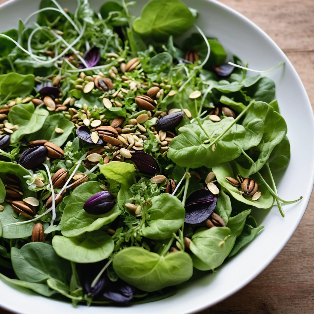 Colorful spring greens in a bowl topped with golden toasted seeds and a drizzle of vinaigrette.