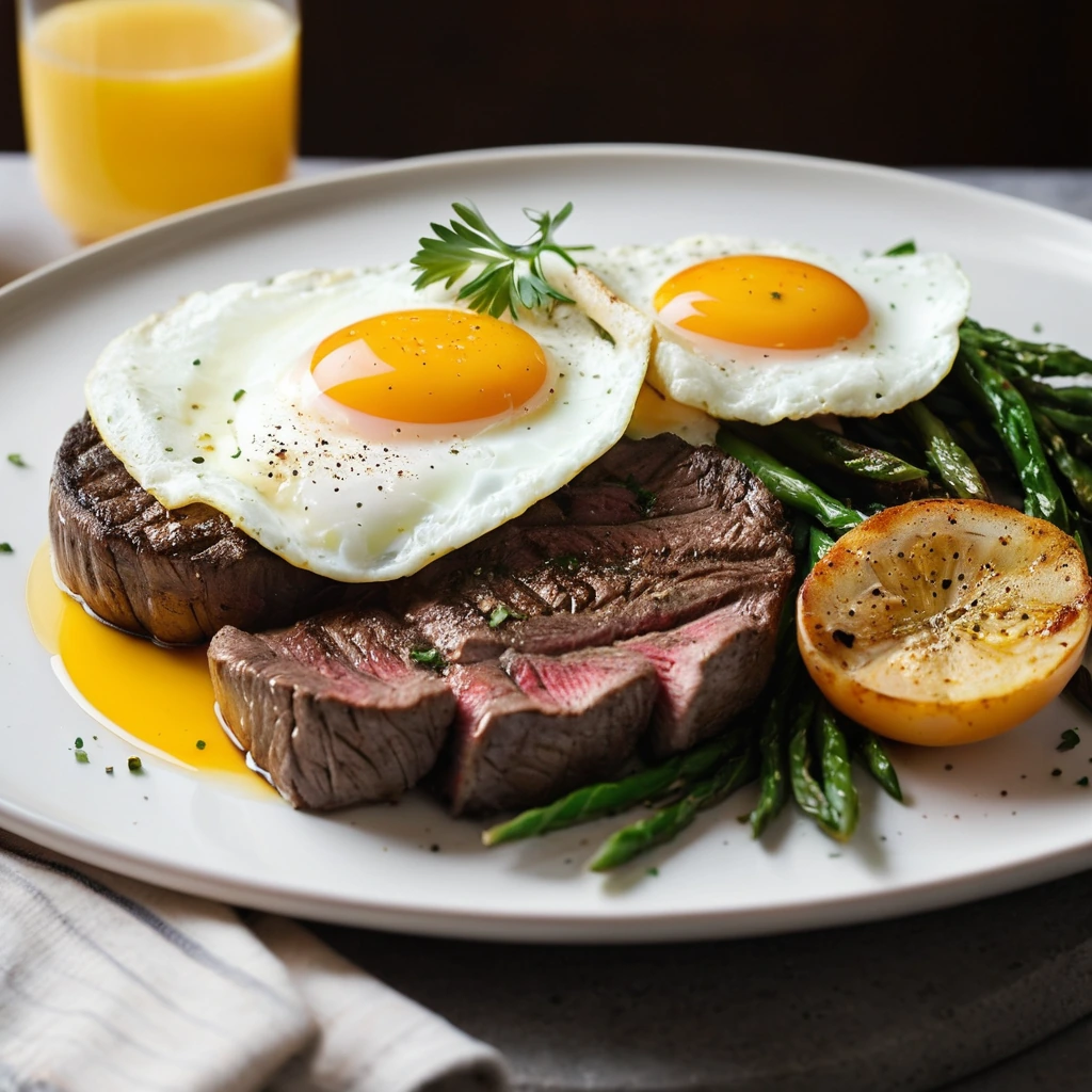 Sizzling steak slices with golden sunny-side-up eggs on a warm plate, garnished with fresh parsley.