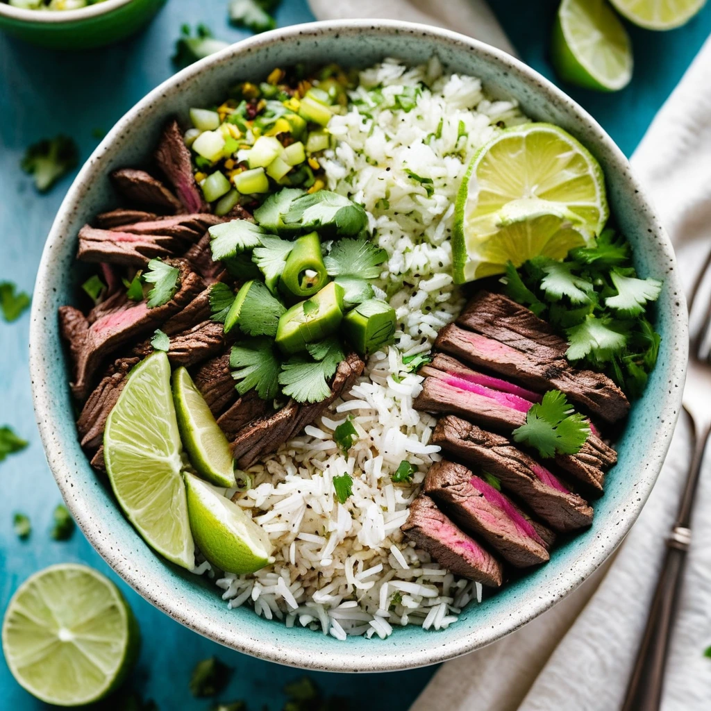 colorful bowl with sliced steak, peppers, onions, and vibrant green cilantro lime rice